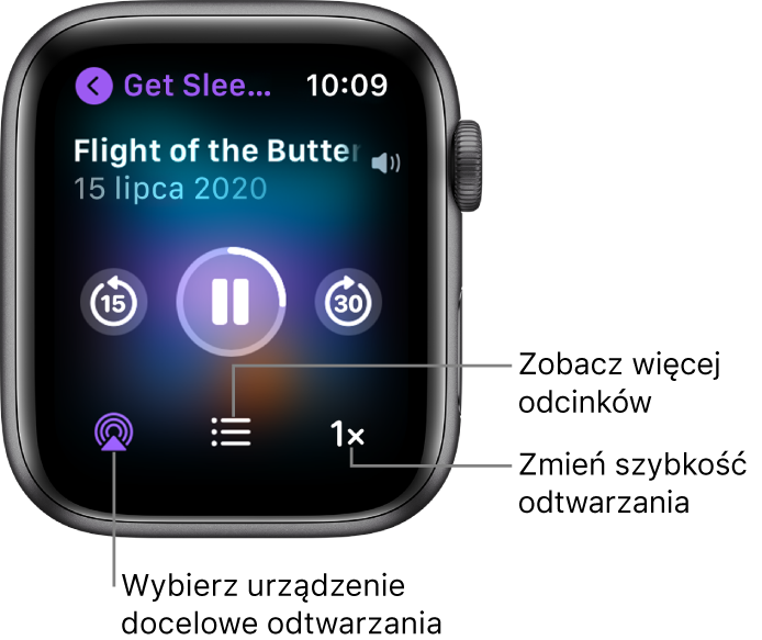 Ekran odtwarzania podcastu, zawierający tytuł audycji, tytuł odcinka, datę, przycisk przewijania o 15 sekund do tyłu, przycisk pauzy, przycisk przewijania do przodu o 30 sekund, przycisk AirPlay, przycisk odcinków oraz przycisk szybkości odtwarzania.