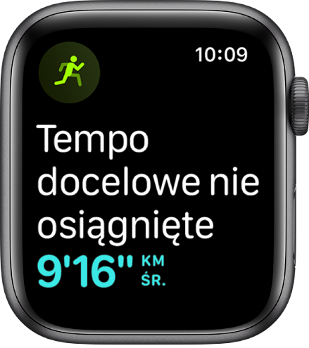 Ekran aplikacji Trening z informacją, że nie osiągasz swojego docelowego tempa.