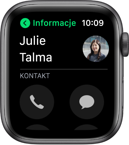 Ekran iPhone'a zawierający kontakt oraz przyciski wykonywania połączenia telefonicznego i wysyłania wiadomości.