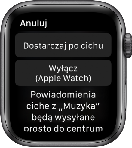 Ustawienia powiadomień na Apple Watch. Na górnym przycisku widoczna jest etykieta Dostarczaj po cichu. Poniżej znajduje się przycisk z etykietą Wyłącz (Apple Watch).