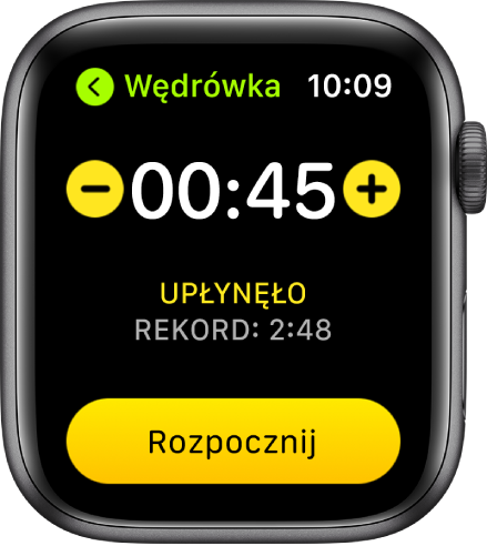 Ekran celu, wyświetlający czas na górze, przyciski plus i minus po bokach oraz przycisk Start na dole.