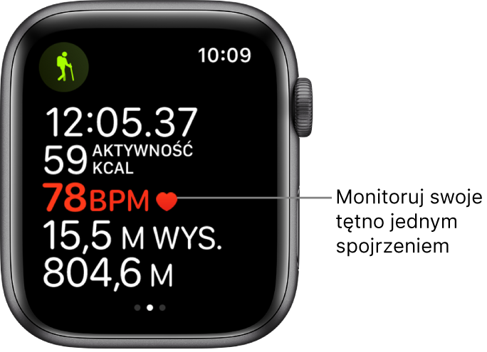 Ekran wyświetlający statystyki treningu, obejmujące czas jego trwania i tętno.