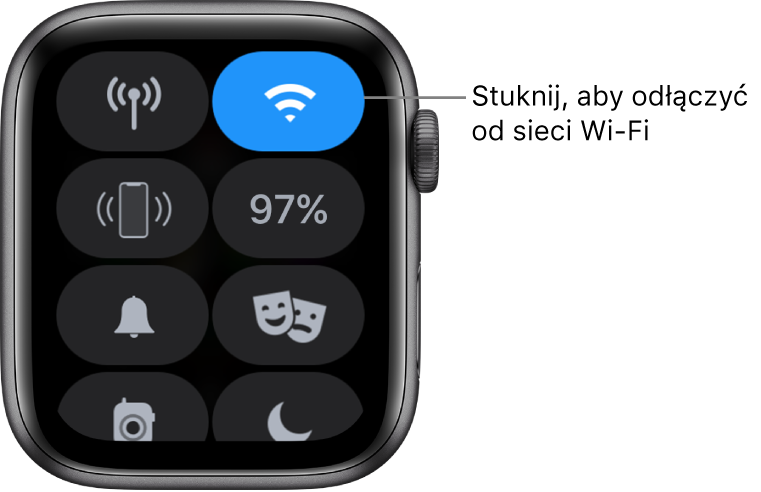 Centrum sterowania na Apple Watch (GPS + Cellular) z przyciskiem Wi‑Fi w prawym górnym rogu. Widoczny jest następujący opis: Stuknij, aby odłączyć się od sieci Wi‑Fi.