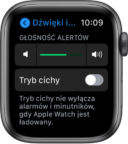 Ustawienia dźwięków i haptyki Apple Watch. Na górze znajduje się suwak Głośność alertów, a pod nim przycisk Tryb cichy.