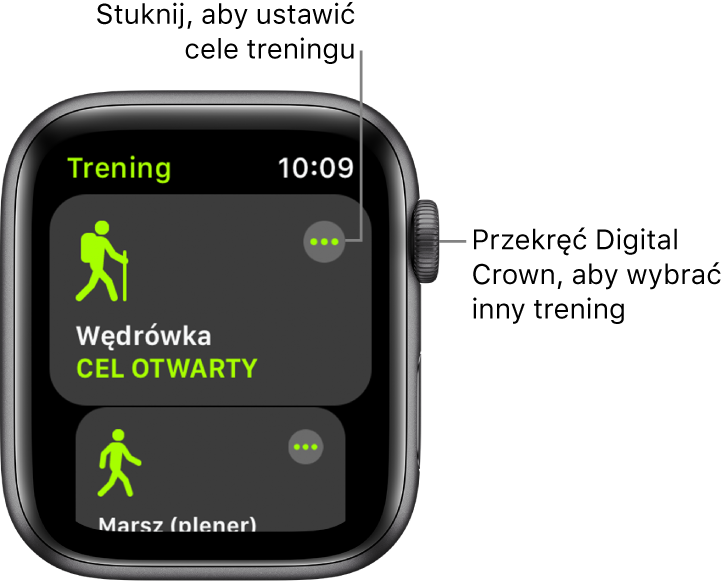 Ekran aplikacji Trening z wyróżnionym treningiem Wędrówka. W prawym górnym rogu widoczny jest przycisk Więcej. Poniżej widoczny jest fragment widoku treningu marszu w plenerze.