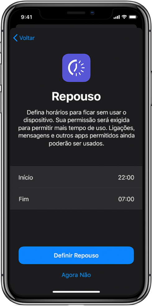 iPhone mostrando a tela de configuração do Repouso. Escolha horários de início e fim no centro da tela. Os botões Definir Repouso e Agora Não estão na parte inferior da tela.