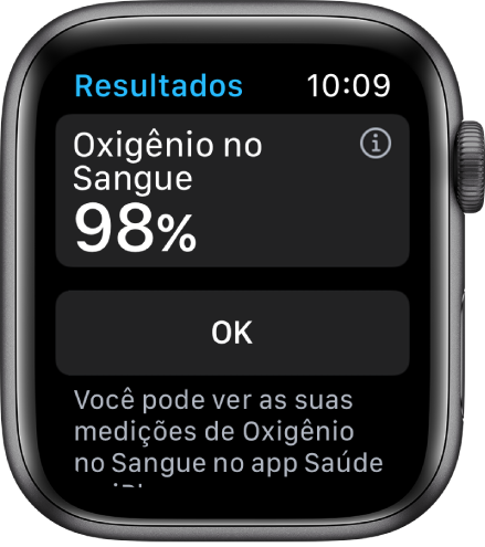 Tela de resultados do Oxigênio no Sangue mostrando uma saturação de oxigênio no sangue de 98 porcento. O botão OK encontra-se abaixo.