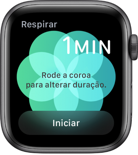 O ecrã da aplicação Respiração a mostrar a duração de um minuto na parte superior direita e o botão Iniciar na parte inferior.