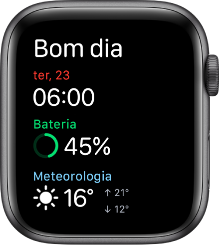 Apple Watch a mostrar o ecrã do despertador. As palavras “Bom dia” aparecem na parte superior. A data, hora, percentagem de bateria e o estado do tempo estão por baixo.