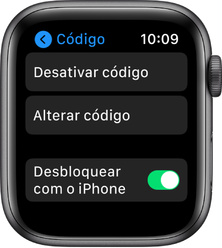 As definições de código no “Apple Watch”, com o botão “Desativar código” na parte superior, “Alterar código” por baixo e o manípulo “Desbloquear com o iPhone” na parte inferior.
