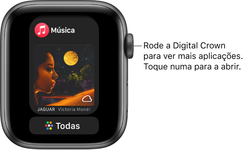 A Dock a mostrar a aplicação Música com um botão “Todas as aplicações” por baixo. Rode a Digital Crown para ver mais aplicações. Toque numa para a abrir.
