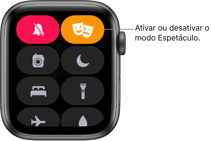 A central de controlo com os botões do modo Espetáculo e modo sem som em destaque para mostrar que o modo Espetáculo está ativo.