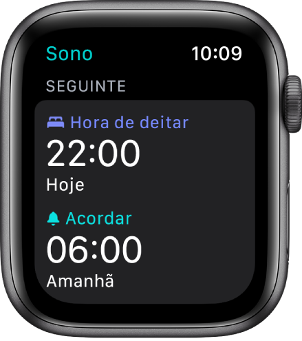A aplicação Sono no Apple Watch a mostrar o horário de sono da noite. A “Hora de deitar” está definida para as 22:00 e o Despertador está definido para as 6:00.
