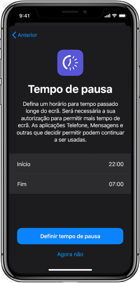 iPhone a mostrar o ecrã de configuração de Tempo de pausa. Escolha a hora de início e de fim no centro do ecrã. Os botões “Definir tempo de pausa” e “Agora não” encontram-se na parte inferior do ecrã.