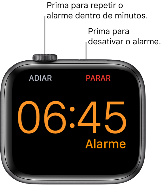 Um Apple Watch colocado de lado, no ecrã um despertador a tocar. Por baixo da Digital Crown está a palavra Adiar. A palavra “Parar” está por baixo do botão lateral.