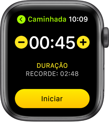 O ecrã de metas, com o tempo no topo e os botões – e + de ambos os lados e o botão Iniciar em baixo.