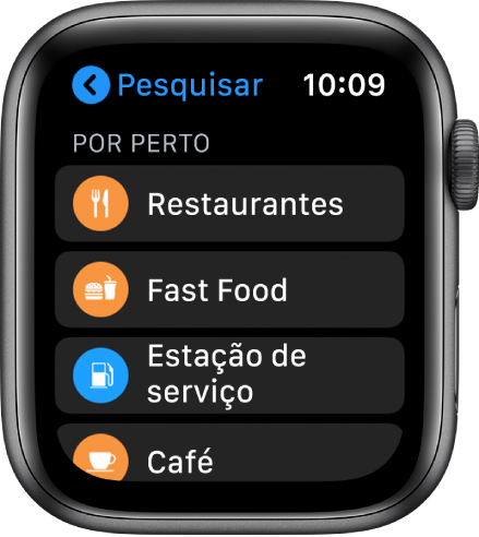 A aplicação Mapas a mostrar uma lista de categorias: Restaurantes, Fast Food, Estações de serviço, Café, e muito mais.