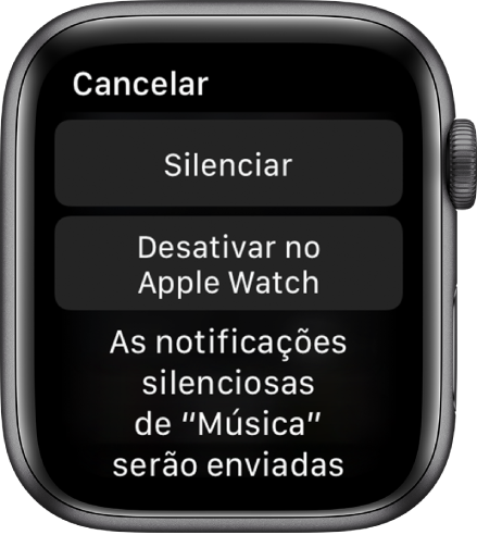 Definições de notificação no Apple Watch. O botão superior indica Silenciar e o botão em baixo indica Desativar no Apple Watch.