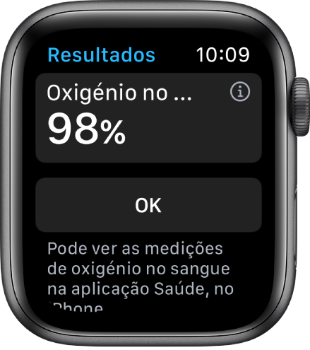 O ecrã de resultados da aplicação Oxigénio no Sangue a mostrar uma saturação de oxigénio no sangue de 98%. Por baixo, está um botão “OK”.