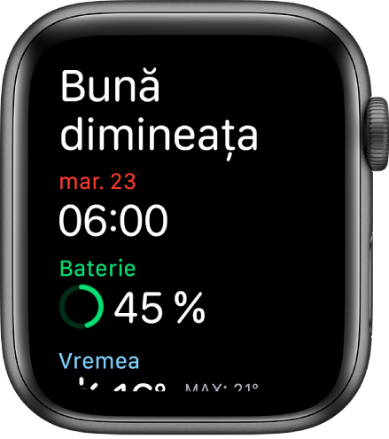 Apple Watch afișând ecranul de trezire. Cuvintele “Bună dimineața” apar în partea de sus. Data, ora, încărcarea bateriei și vremea apar dedesubt.