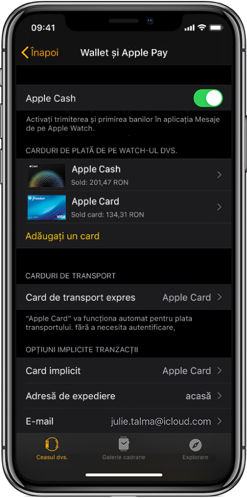 Ecranul Wallet și Apple Pay în aplicația Apple Watch de pe iPhone. Ecranul prezintă cardurile adăugate la Apple Watch, cardul pe care l-ați ales pentru a fi utilizat pentru transport expres și configurările implicite pentru tranzacție.