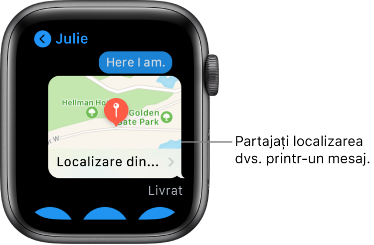 Ecranul Mesaje afișând o hartă cu localizarea expeditorului.