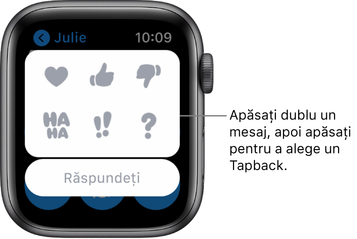 O conversație Mesaje cu opțiuni Tapback: inimă, semne de aprobare și de dezaprobare făcute cu degetul, Ha Ha, !! și ?. Butonul Răspundeți se află dedesubt.