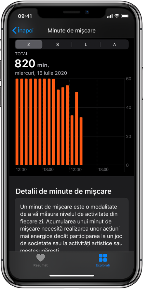 iPhone prezentând un raport Minute de mișcare. Filele Rezumat și Explorare se află în partea de jos, cu fila Explorare selectată.