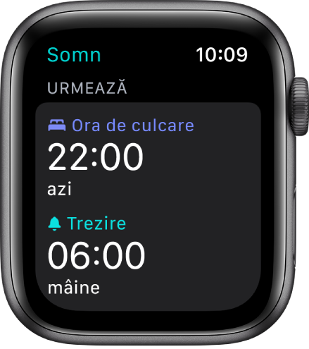 Aplicația Somn de pe Apple Watch prezentând programul de somn al serii. Ora de culcare este configurată la 22:00, iar ora de trezire, la 6:00.