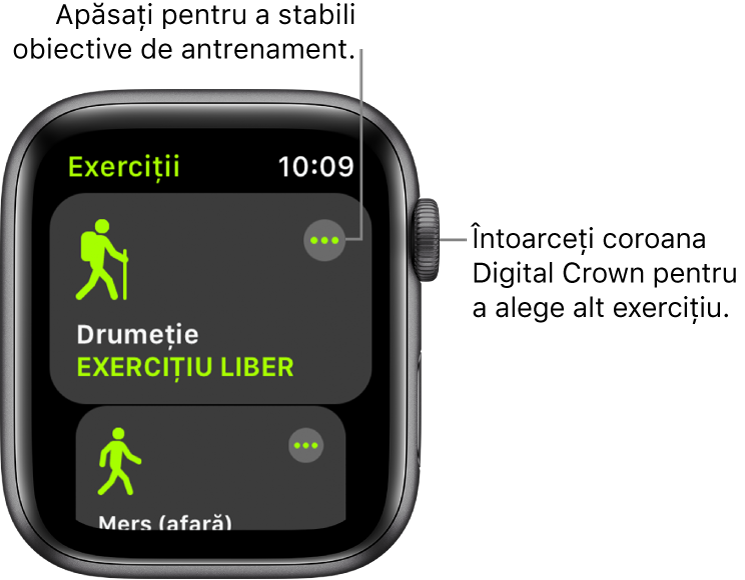 Ecranul Exerciții cu exercițiul Drumeție subliniat. Butonul Mai multe se află în colțul din dreapta sus. O parte din exercițiul Alergare (afară) este dedesubt.