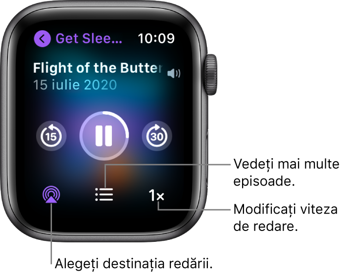 Un ecran Podcasturi În redare prezentând titlul emisiunii, titlul episodului, data, butonul Salt înapoi 15 secunde, butonul de suspendare, butonul Salt înainte 30 secunde, butonul AirPlay, butonul de episoade și butonul Viteză de redare.