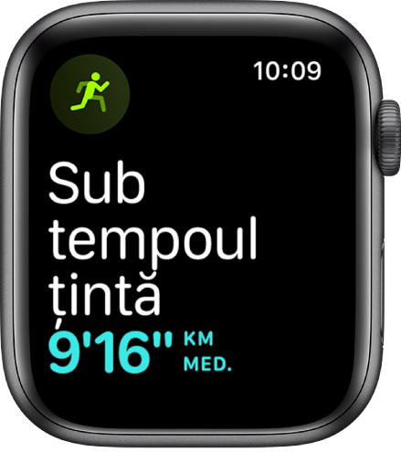 Un ecran Exerciții vă informează că alergați într‑un tempo sub tempoul țintă.