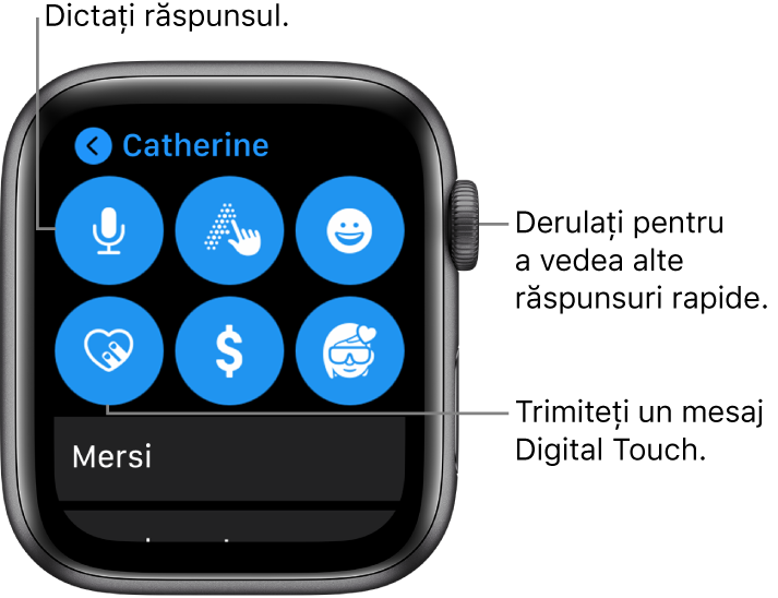 Ecranul de răspuns afișând butoanele Dictare, Scris de mână, Emoji, Digital Touch, Apple Pay și Memoji. Răspunsurile inteligente sunt dedesubt. Pentru a vedea alte răspunsuri inteligente, întoarceți coroana Digital Crown.