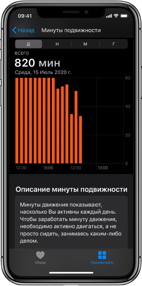 На экране iPhone показаны минуты двигательной активности. Внизу находятся вкладки «Обзор» и «Просмотр». Выбрана вкладка «Просмотр».