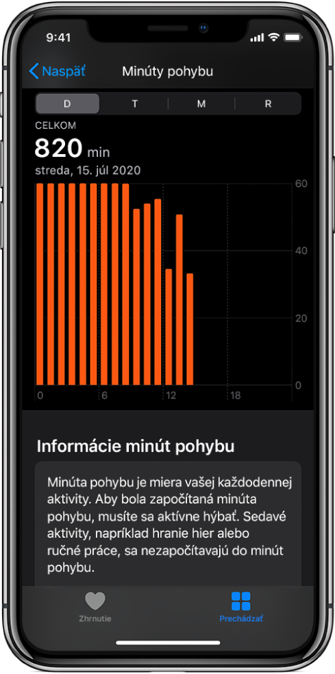 iPhone s prehľadom Minúty pohybu. V dolnej časti sú taby Zhrnutie a Prechádzať, pričom je vybratý tab Prechádzať.