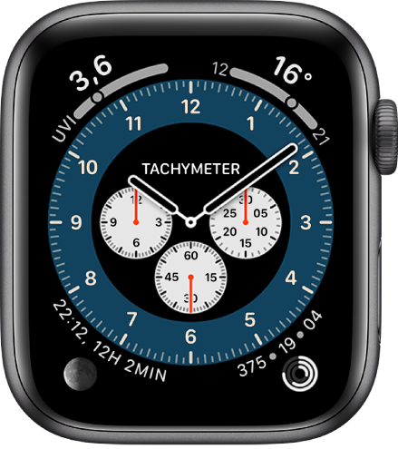 Variant Tachymeter ciferníka Chronograf Pro. Nachádzajú sa na ňom štyri komplikácie: UV index vľavo hore, Teplota vpravo hore, Fáza mesiaca vľavo dole a Aktivita vpravo dole.