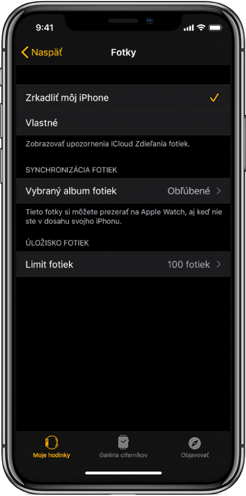 Nastavenia fotiek v apke Apple Watch na iPhone. V strede sa nachádza nastavenie Synchronizácia fotiek a pod ním je nastavenia Limit fotiek.
