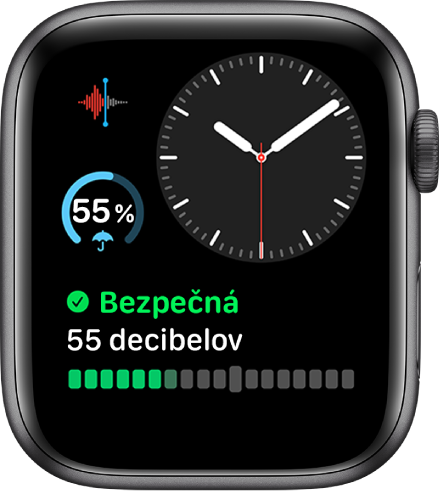 Ciferník Modulárny kompakt zobrazujúci analógové hodiny napravo hore, komplikáciu Diktafón naľavo hore, komplikáciu Počasie naľavo v strede a komplikáciu Hluk v dolnej časti.