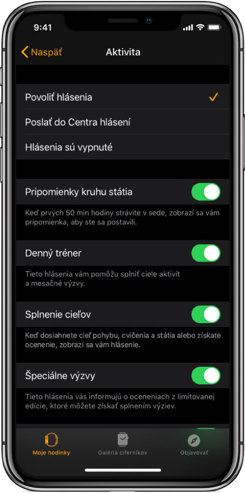 Obrazovka Aktivita v aplikácii Apple Watch, na ktorej si môžete vybrať hlásenia, ktoré chcete dostávať.