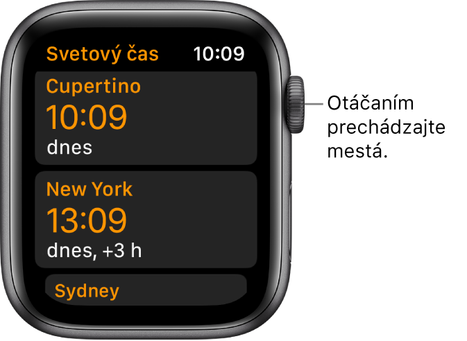 Aplikácia Svetový čas so zoznamom miest a rolovacou lištou.