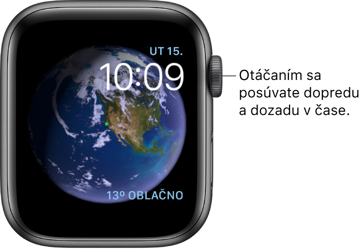 Astronomický ciferník so zobrazeným dňom, dátumom a aktuálnym časom. Vpravo dole sa nachádza komplikácia Počasie. Otáčaním korunky Digital Crown sa môžete posúvať dopredu a dozadu v čase.