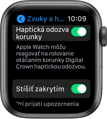 Obrazovka pre haptickú odozvu korunky so zapnutým prepínačom Haptická odozva korunky. Nižšie sa nachádza tlačidlo Stíšiť zakrytím.