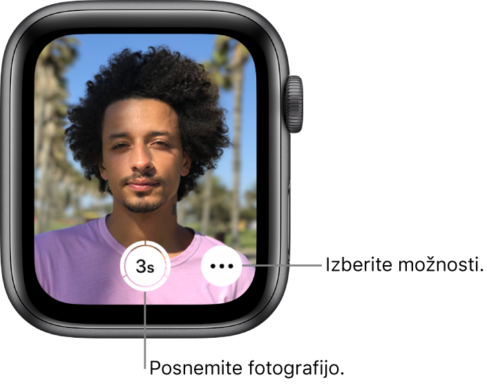 Če uro Apple Watch uporabljate kot daljinski upravljalnik kamere, je na njenem zaslonu prikazan pogled iz kamere v napravi iPhone. Gumb Take Picture (Fotografiraj) je spodaj na sredini, gumb More Options (Več možnosti) pa je na njegovi desni. Potem ko posnamete fotografijo, je gumb Photo Viewer (Pregledovalnik fotografij) spodaj levo.