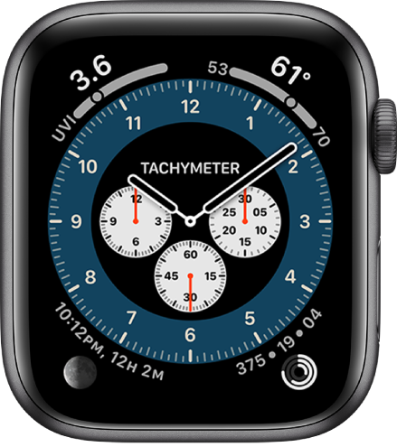 Številčnica Chronograph Pro (Profesionalni kronograf) prikazuje pripomoček Tachymeter (Tahimeter).