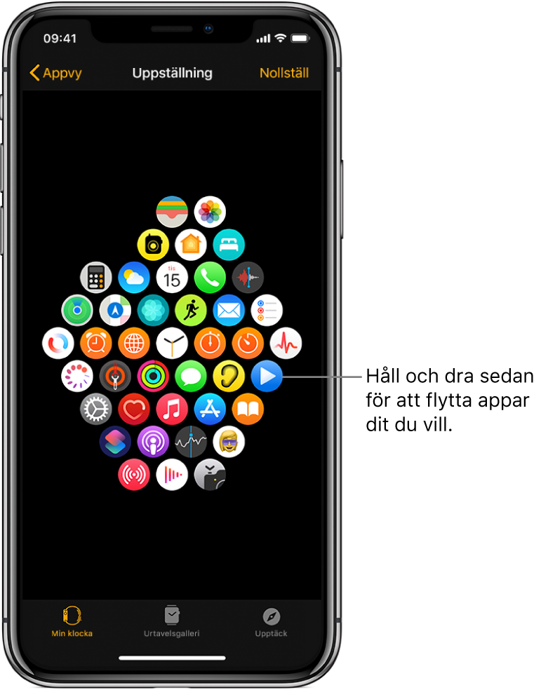 Uppställningsskärmen i Apple Watch-appen visar ett rutnät med symboler.