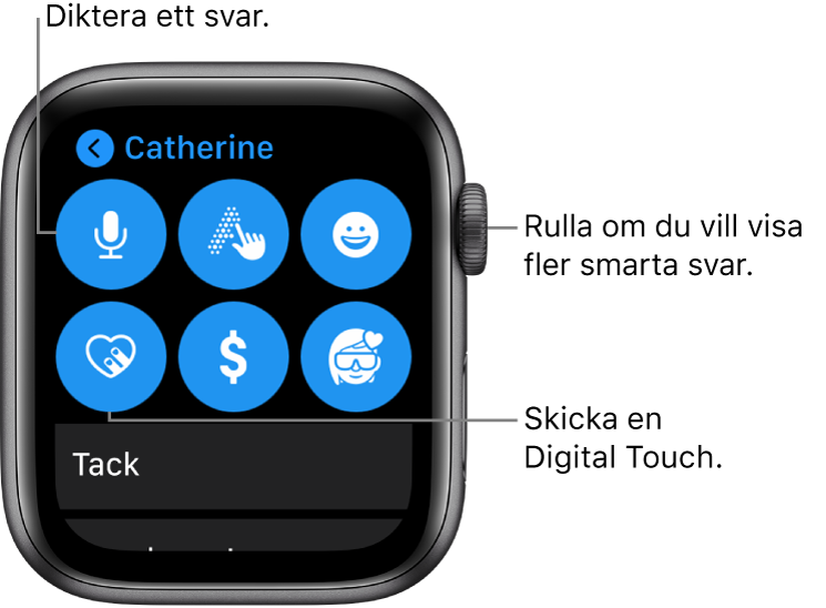 Svarsskärmen med knapparna Diktera, Handskrift, Emoji, Digital Touch, Apple Pay och Memoji. Nedanför finns smarta svar. Visa fler smarta svar genom att vrida på Digital Crown.