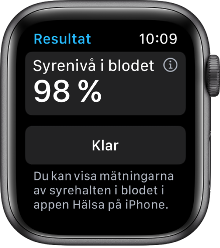 Resultatskärmen i Syrenivå i blodet med en syremättnad i blodet på 98 procent. Längst ned finns knappen Klar.