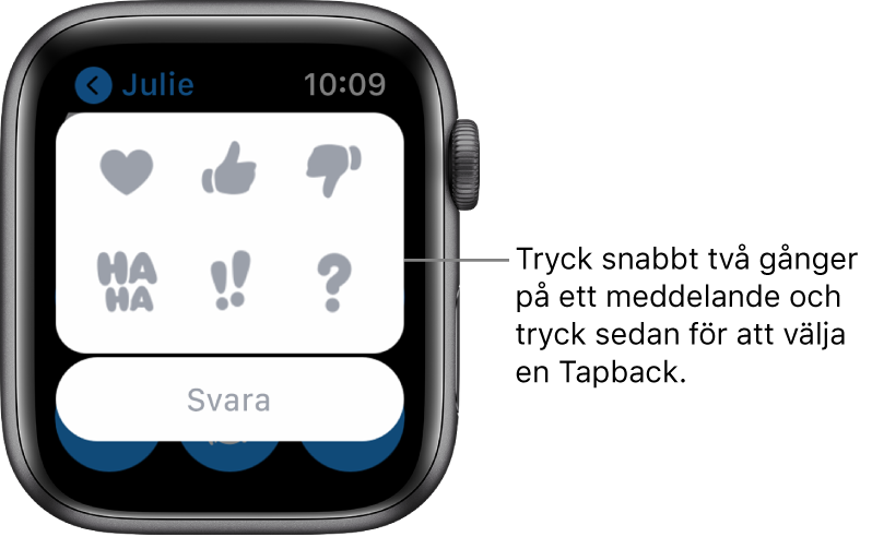 En konversation i Meddelanden med Tapback-alternativ: hjärta, tummen upp, tummen ned, Ha ha, !! och ?. Under det finns knappen Svara.