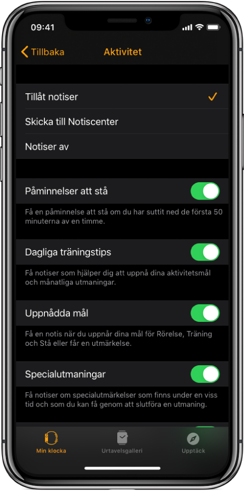 Aktivitetsskärmen i Apple Watch-appen där du kan anpassa vilka notiser du vill få.