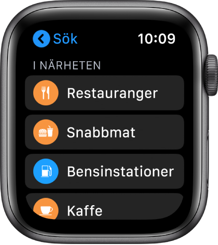 Appen kartor som visar en lista över kategorier: Restauranger, Snabbmat, Bensinstationer Kaffe med mera.